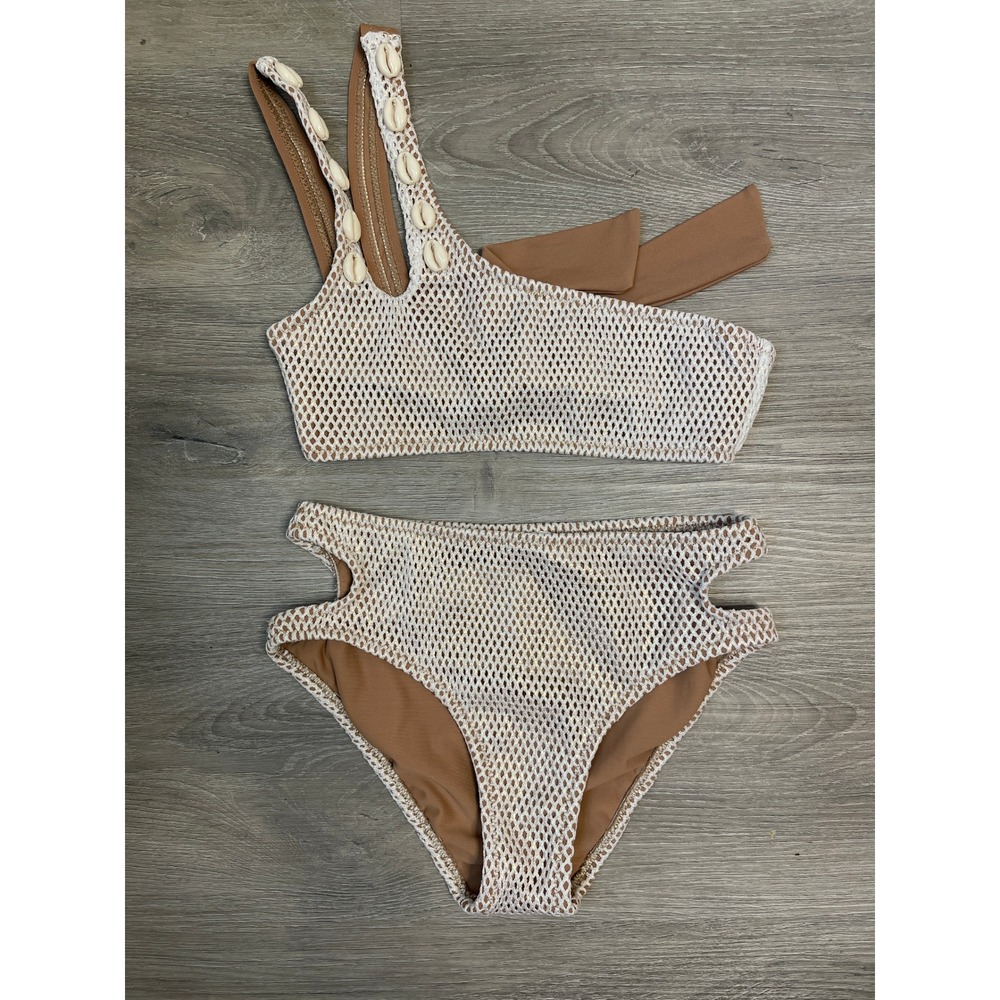 Nessi Byrd Bikini Tan Metallic Mesh Cowrie Shell One Shoulder 2pc Swimsuit 8y
